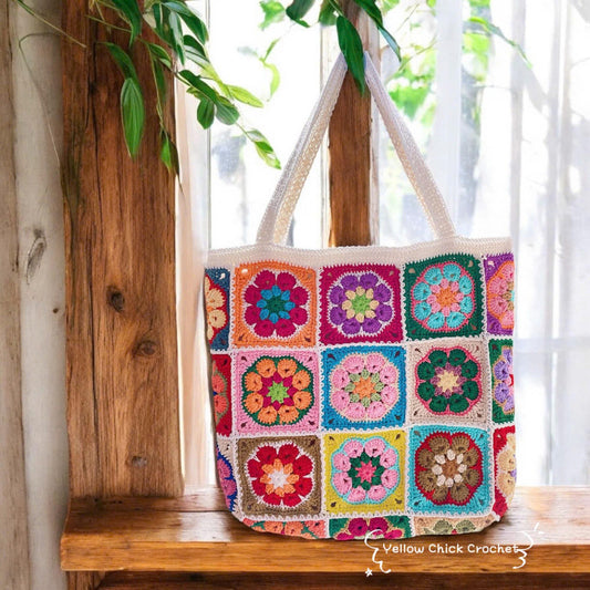 Granny square crochet bag, Africa flower summer bag, Big tote bag, handmade bag, Crochet shoulder bag,Birthday gift, summer Bag