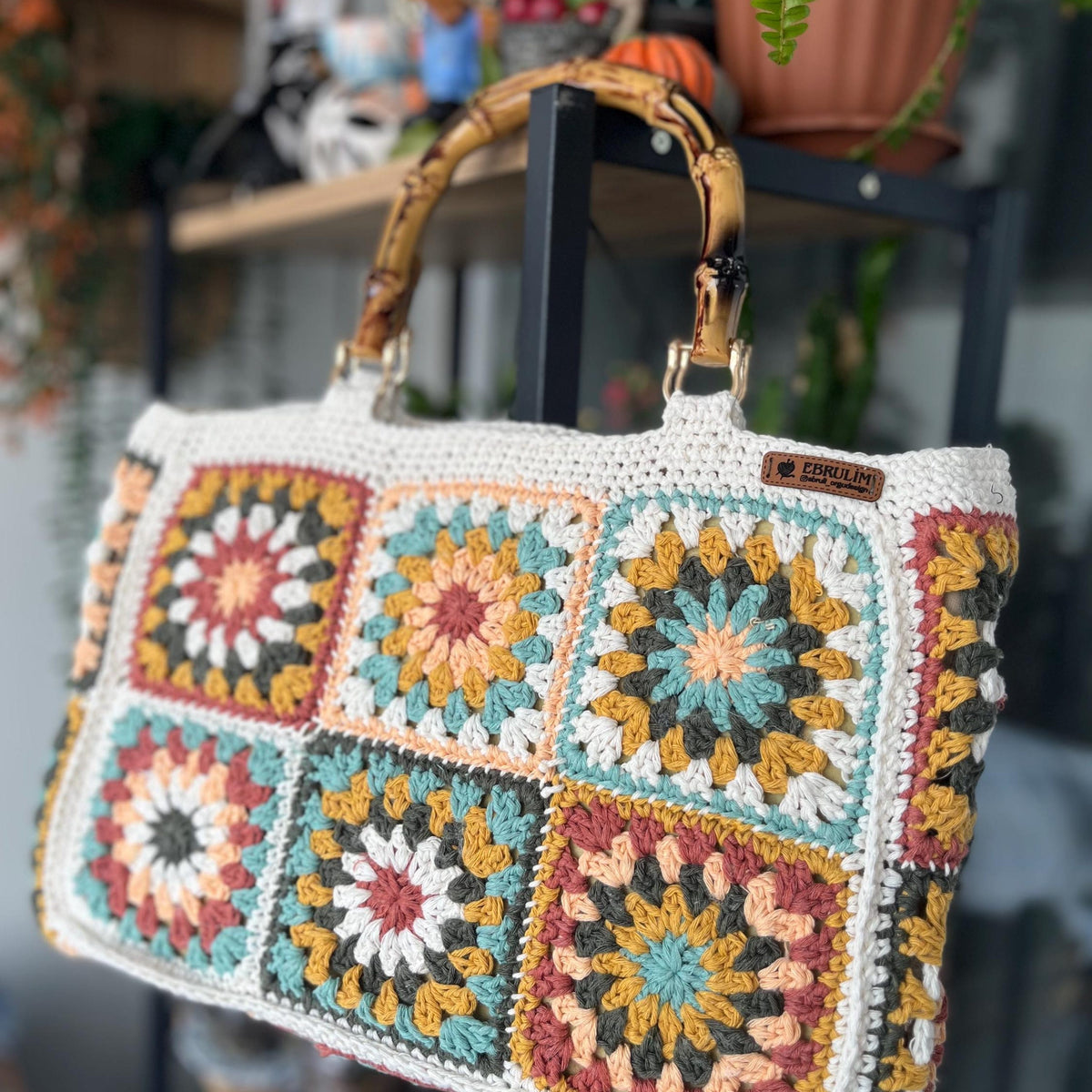 Handmade Crochet Granny Square Tote Bag, Boho Cotton with Bamboo Handles