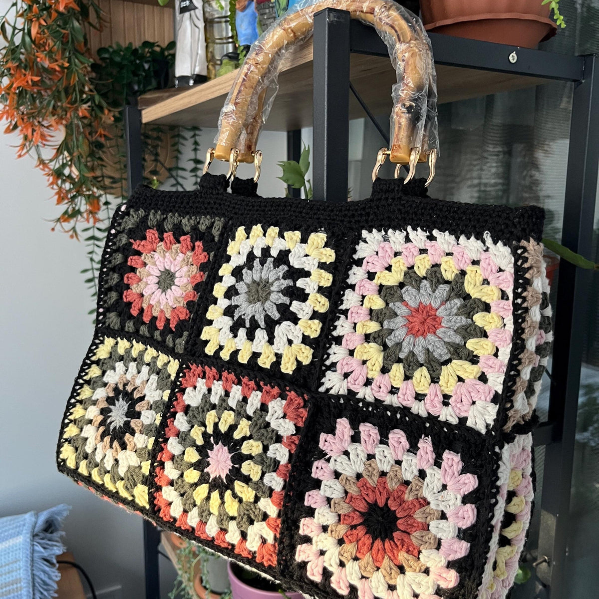 Handmade Crochet Granny Square Tote Bag, Boho Cotton with Bamboo Handles