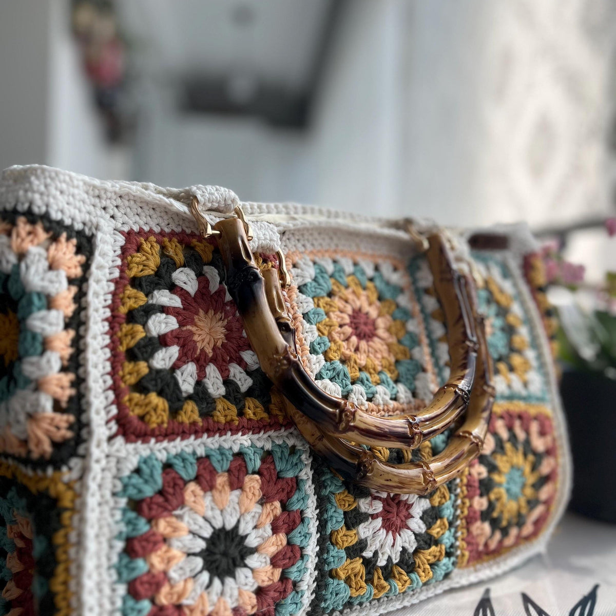 Handmade Crochet Granny Square Tote Bag, Boho Cotton with Bamboo Handles
