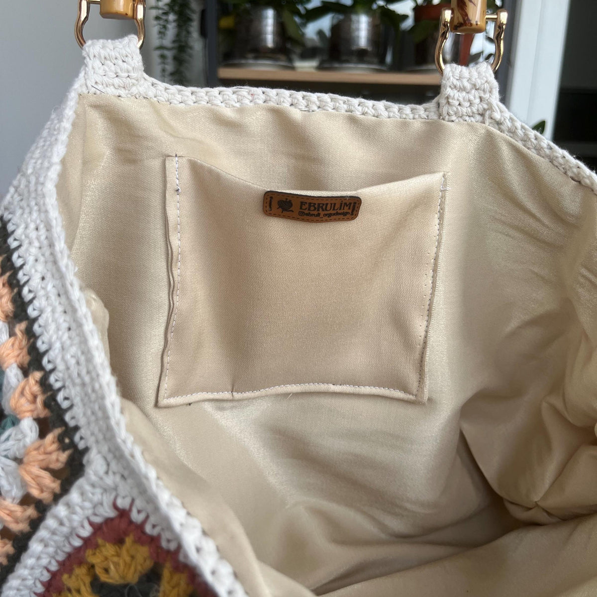 Handmade Crochet Granny Square Tote Bag, Boho Cotton with Bamboo Handles