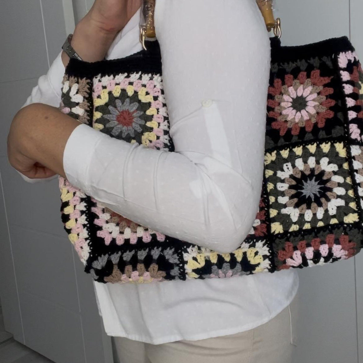 Handmade Crochet Granny Square Tote Bag, Boho Cotton with Bamboo Handles