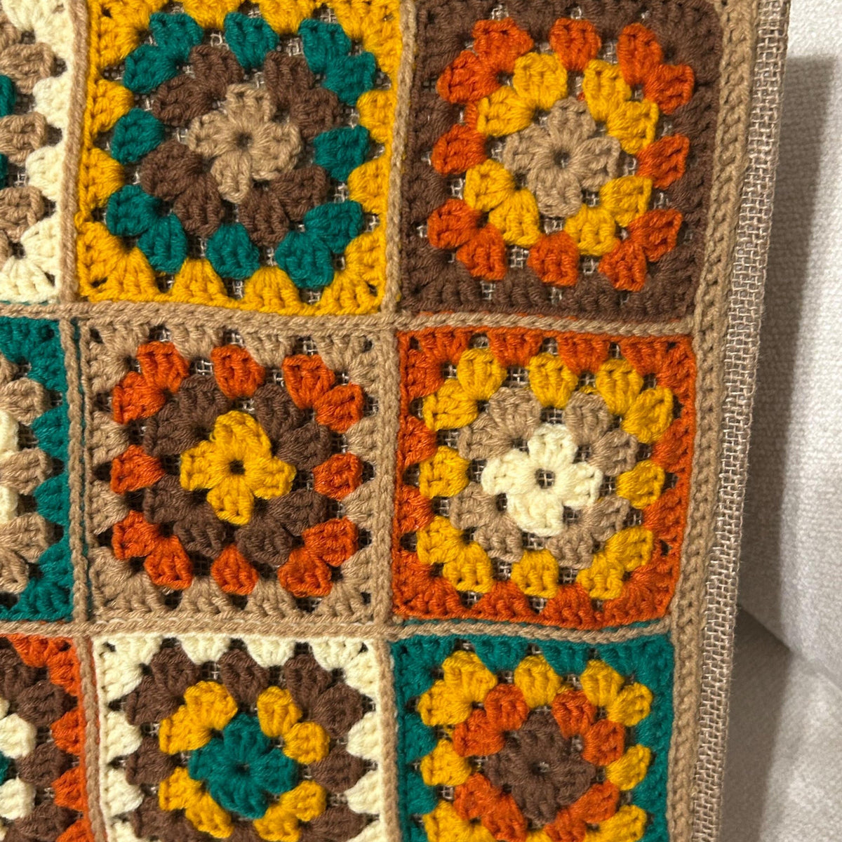 Granny Square Jute/Burlap Tote Bag - Fall Colors