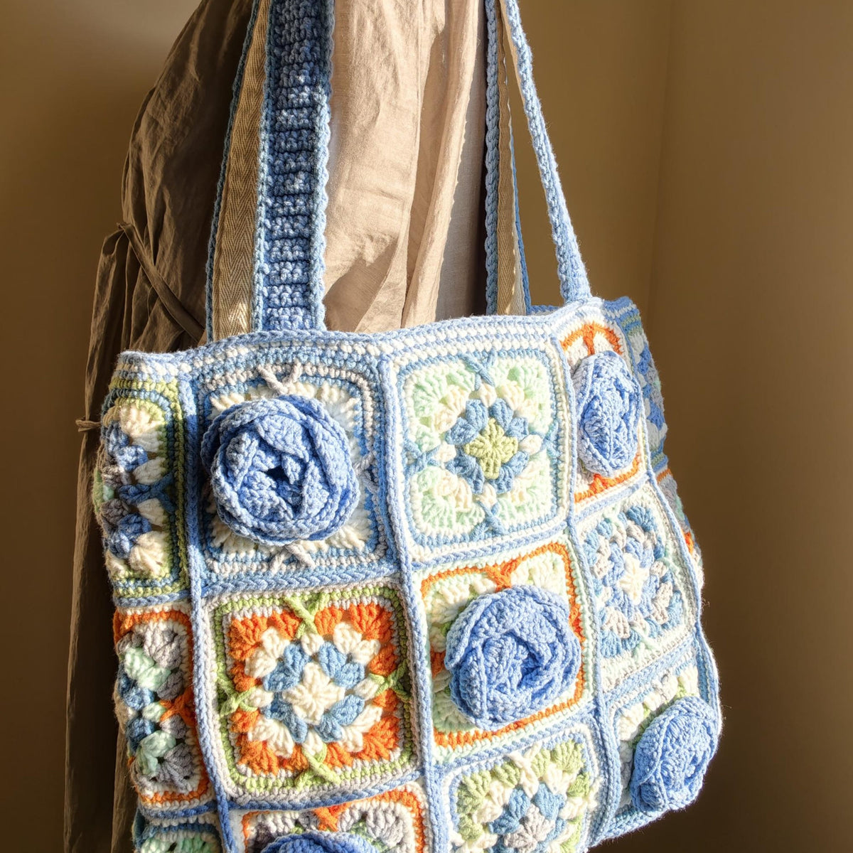Handmade Crochet Granny Square Tote Bag, 3D Blue Roses, Boho Shoulder Purse
