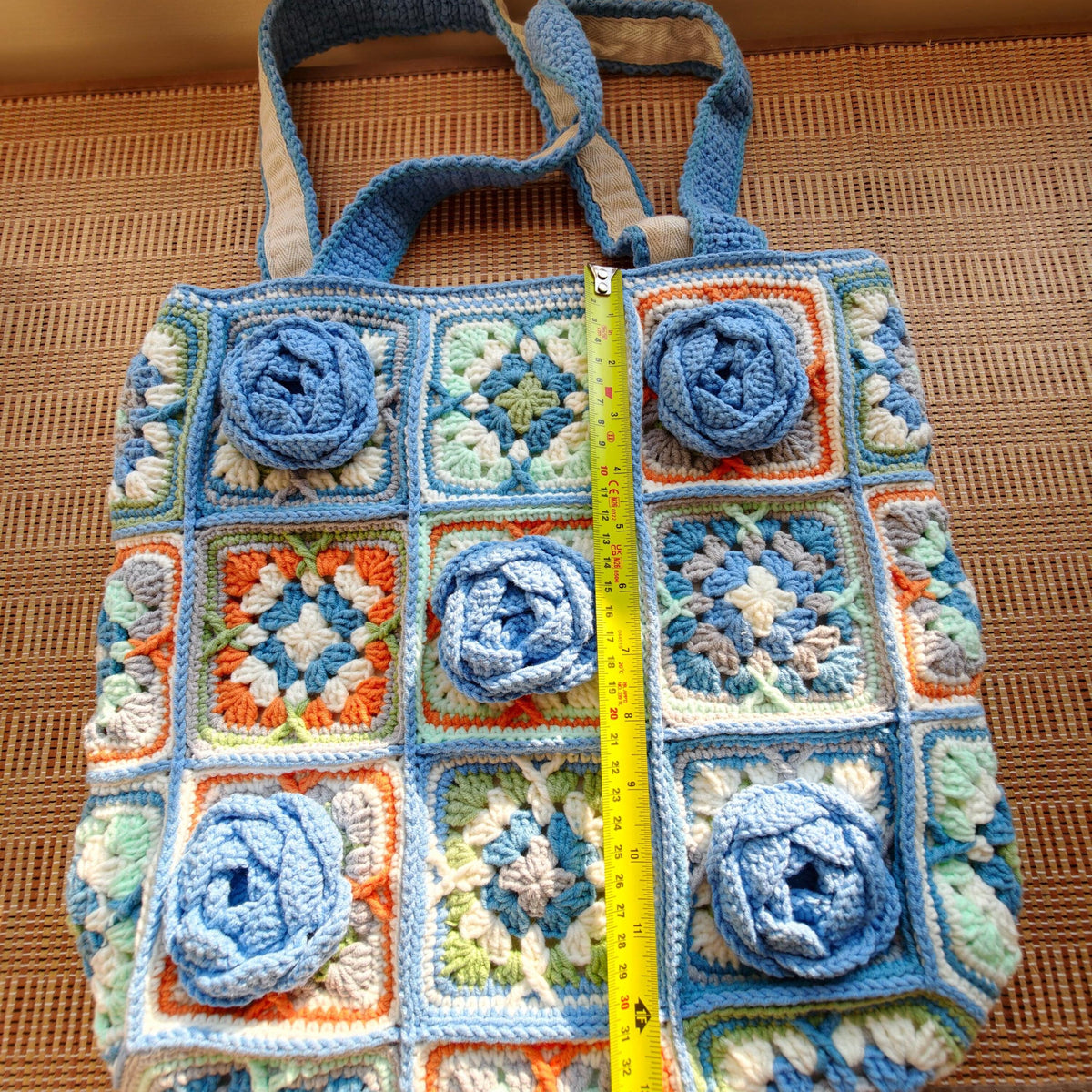 Handmade Crochet Granny Square Tote Bag, 3D Blue Roses, Boho Shoulder Purse