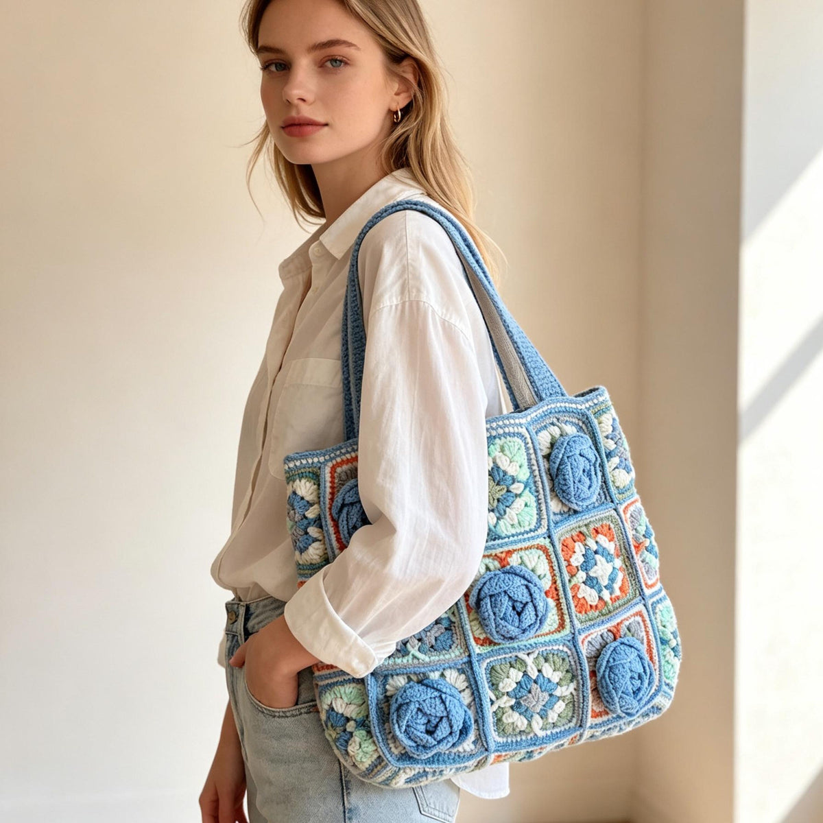 Handmade Crochet Granny Square Tote Bag, 3D Blue Roses, Boho Shoulder Purse