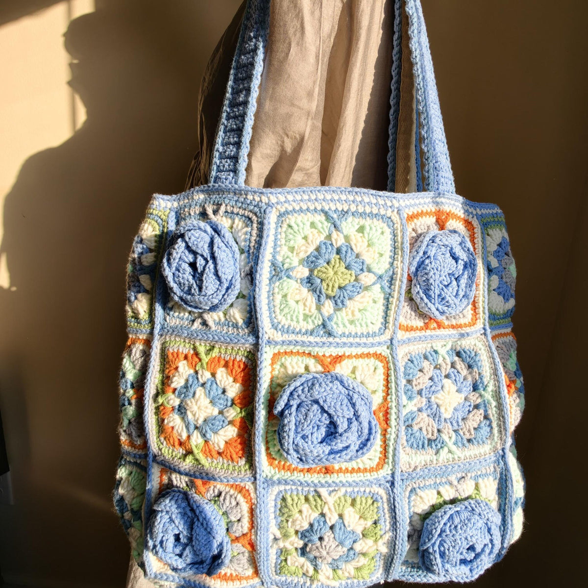 Handmade Crochet Granny Square Tote Bag, 3D Blue Roses, Boho Shoulder Purse