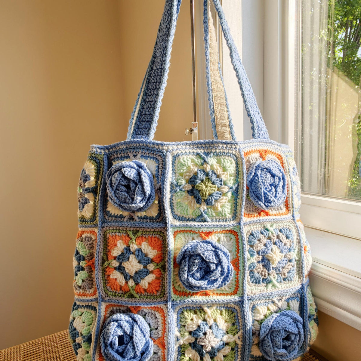 Handmade Crochet Granny Square Tote Bag, 3D Blue Roses, Boho Shoulder Purse