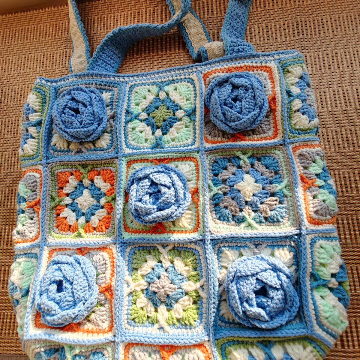 Handmade Crochet Granny Square Tote Bag, 3D Blue Roses, Boho Shoulder Purse