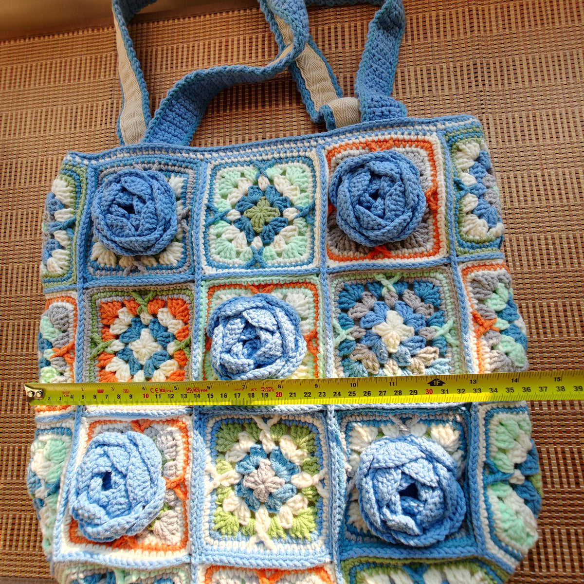 Handmade Crochet Granny Square Tote Bag, 3D Blue Roses, Boho Shoulder Purse