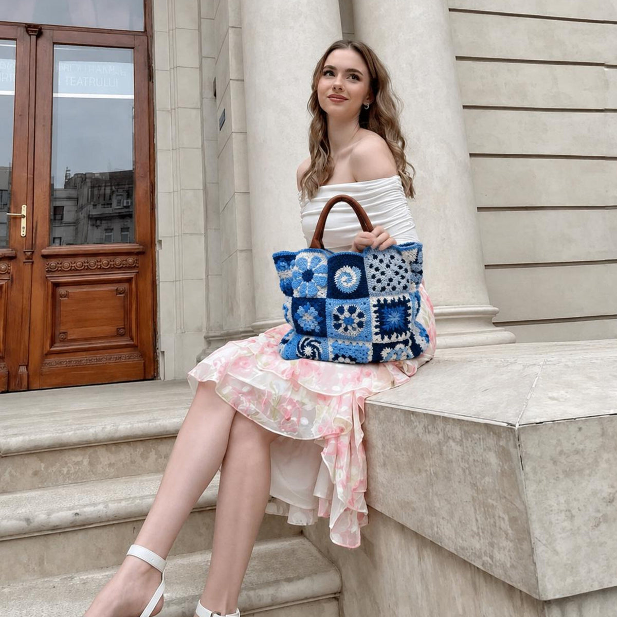 Handmade Crochet Granny Square Tote Bag | Blue Patchwork Boho Purse