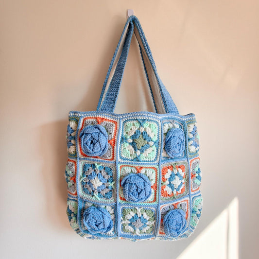 Handmade Crochet Granny Square Tote Bag, 3D Blue Roses, Boho Shoulder Purse